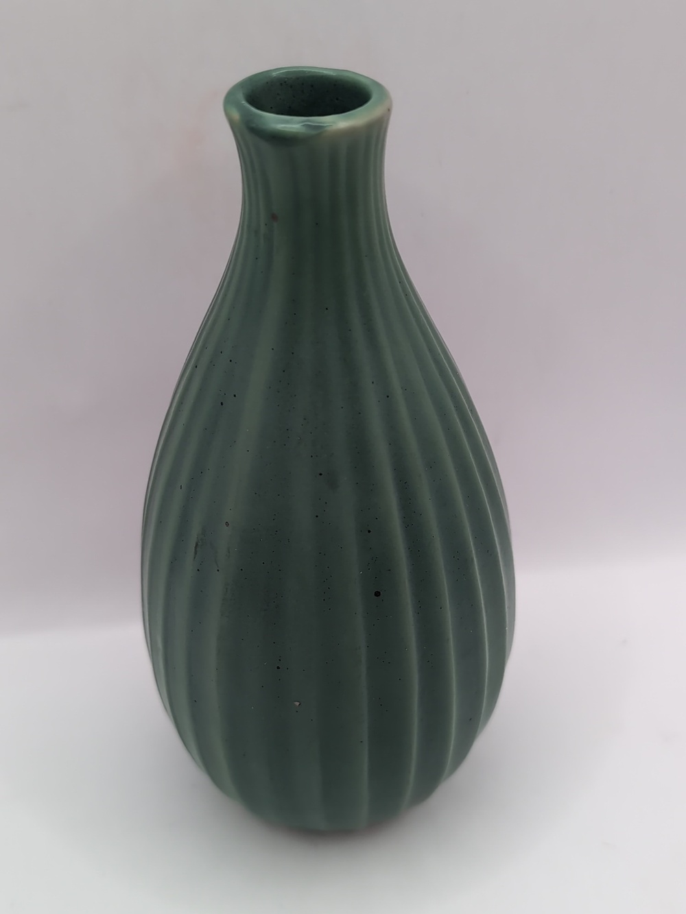 Asian Inspired Celadon / Olive Green Drip Glaze Ribbed Vase  Art Studio Pottery